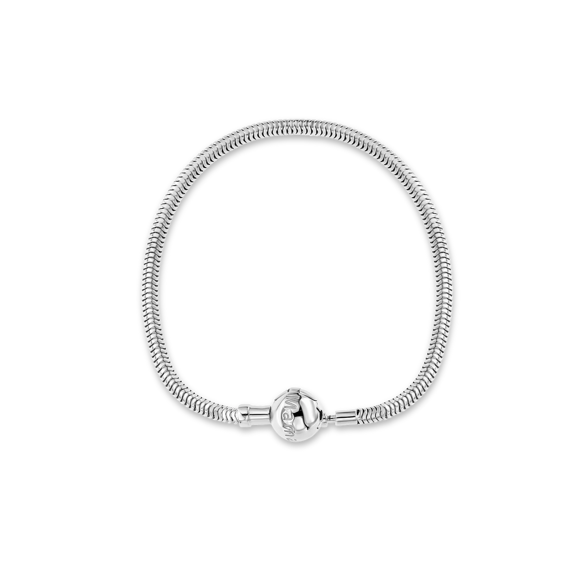 Charm-Armband aus glänzendem Silber mit flexibler, schlangenförmiger Struktur und runder Verschlusskugel.