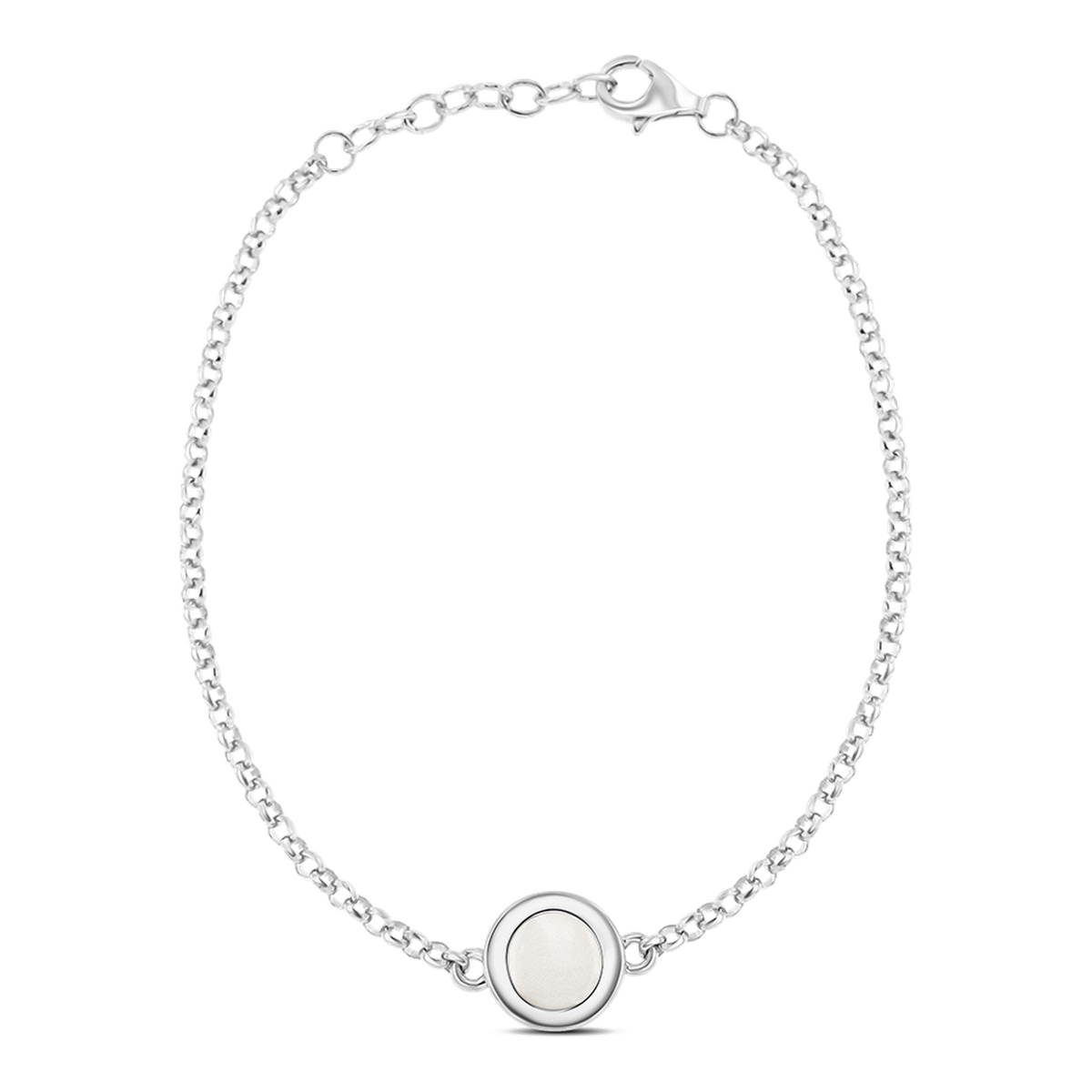 Silbernes Muttermilch-Armband Circle of Life mit rundem Muttermilchstein in breitem glattem Rand, Erbskette und Verlängerungskette.