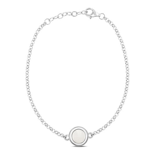 Silbernes Muttermilch-Armband Circle of Life mit rundem Muttermilchstein in breitem glattem Rand, Erbskette und Verlängerungskette.