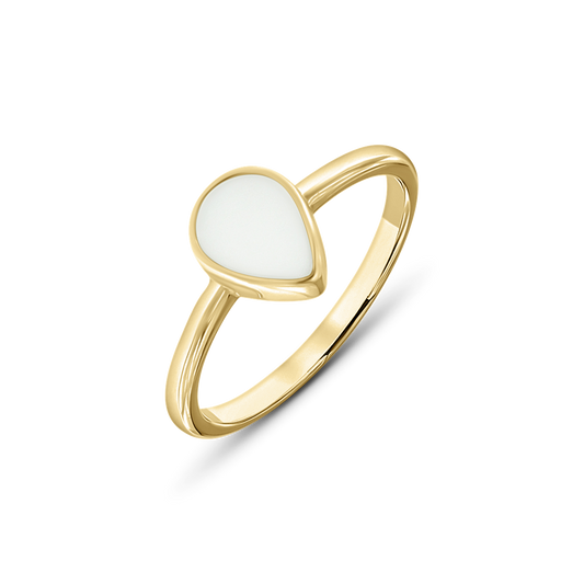 Droplet Muttermilchring in Gelbgold mit tropfenförmigem weißem Muttermilchstein in glatter Zargenfassung auf schmalem Band