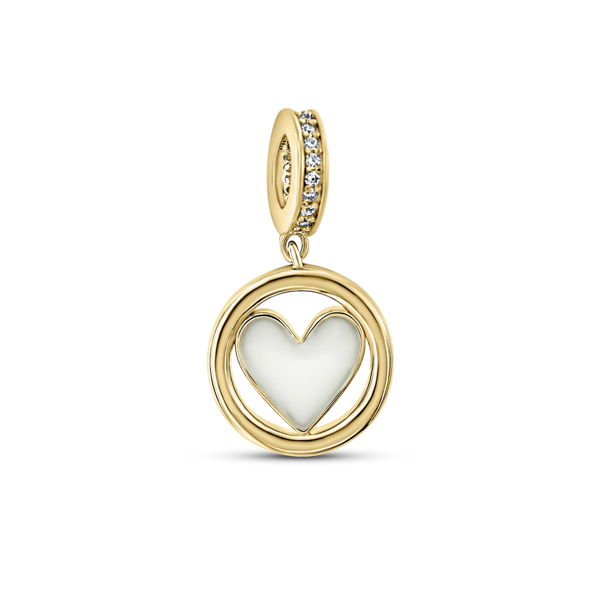 Muttermilch-Charm Eline in Gelbgold: Herz aus Muttermilch in rundem Ring, an einer mit klaren Steinchen besetzten Öse.