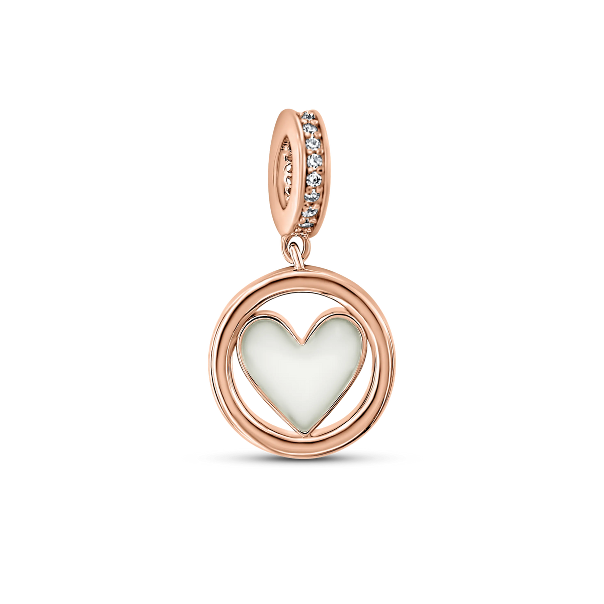Muttermilch-Charm Eline in Roségold: Herz aus Muttermilch in rundem Ring, an einer mit klaren Steinchen besetzten Öse.