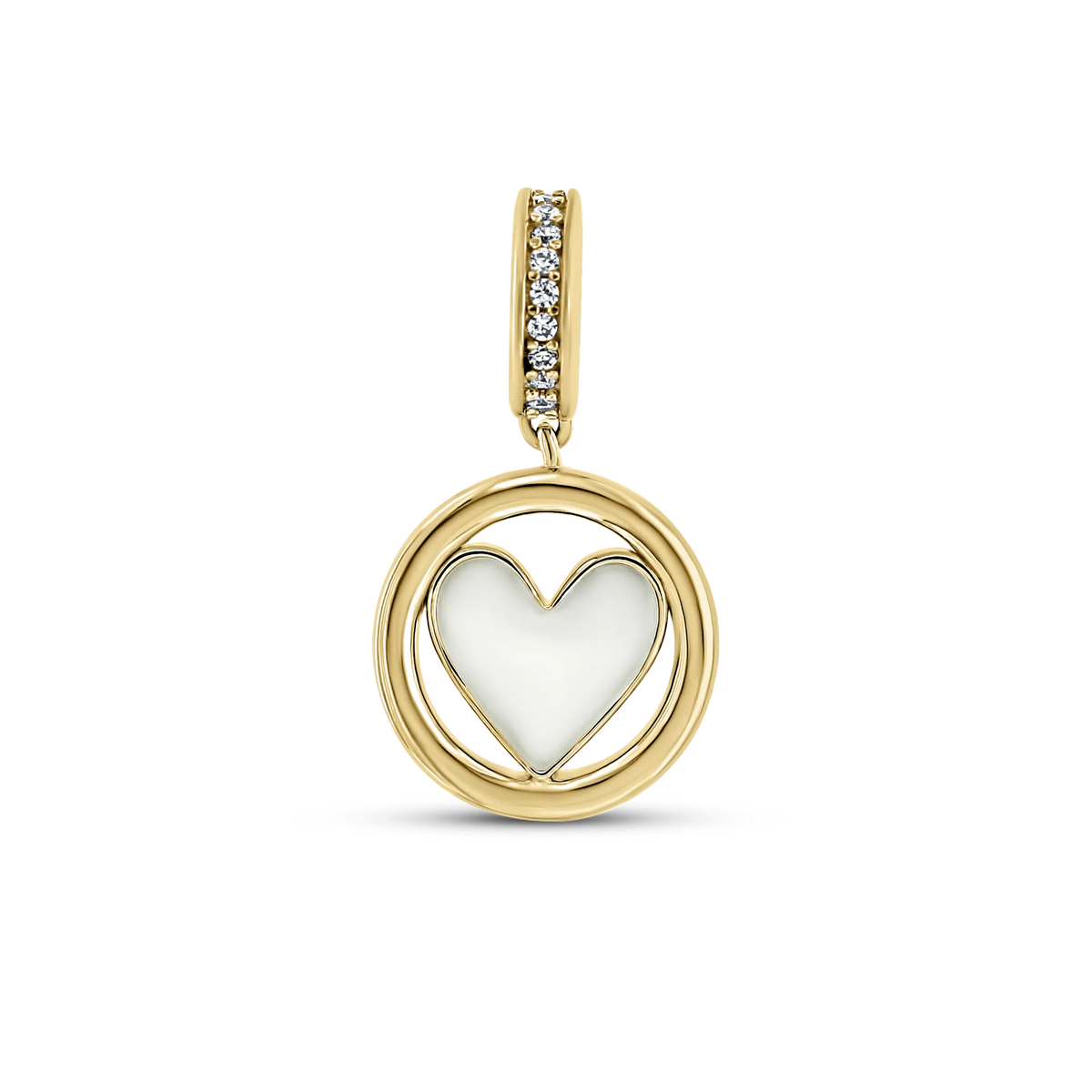 Muttermilch-Charm Eline in Gelbgold von vorn: Herz aus Muttermilch im runden Ring, Öse mit einer Reihe klarer Steinchen.