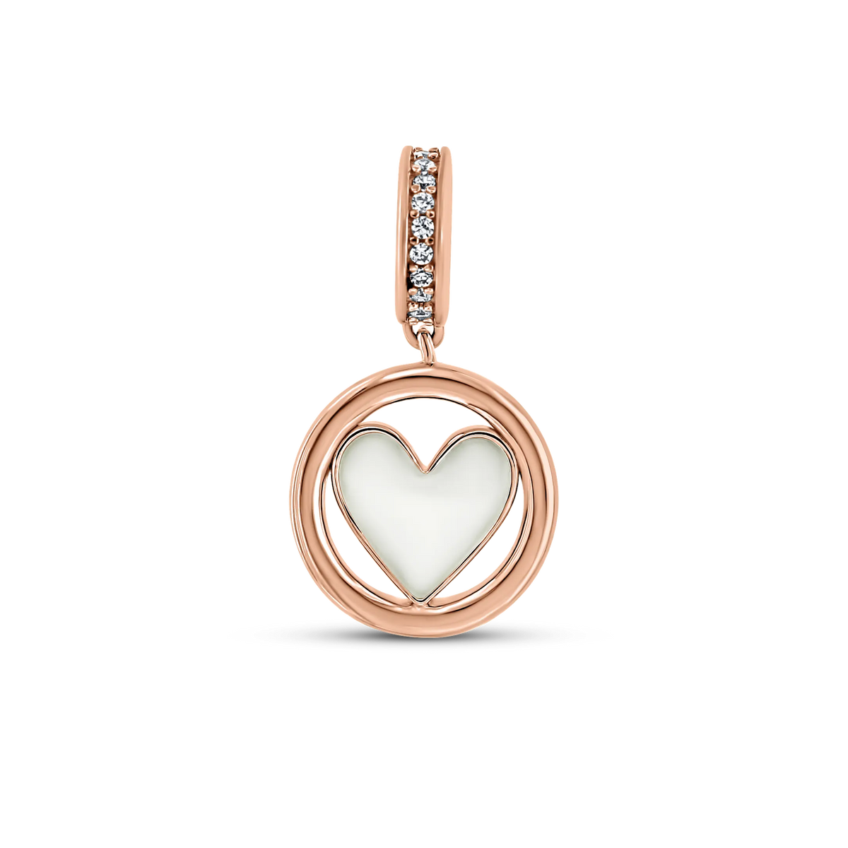 Muttermilch-Charm Eline in Roségold von vorn: Herz aus Muttermilch im runden Ring, Öse mit einer Reihe klarer Steinchen.