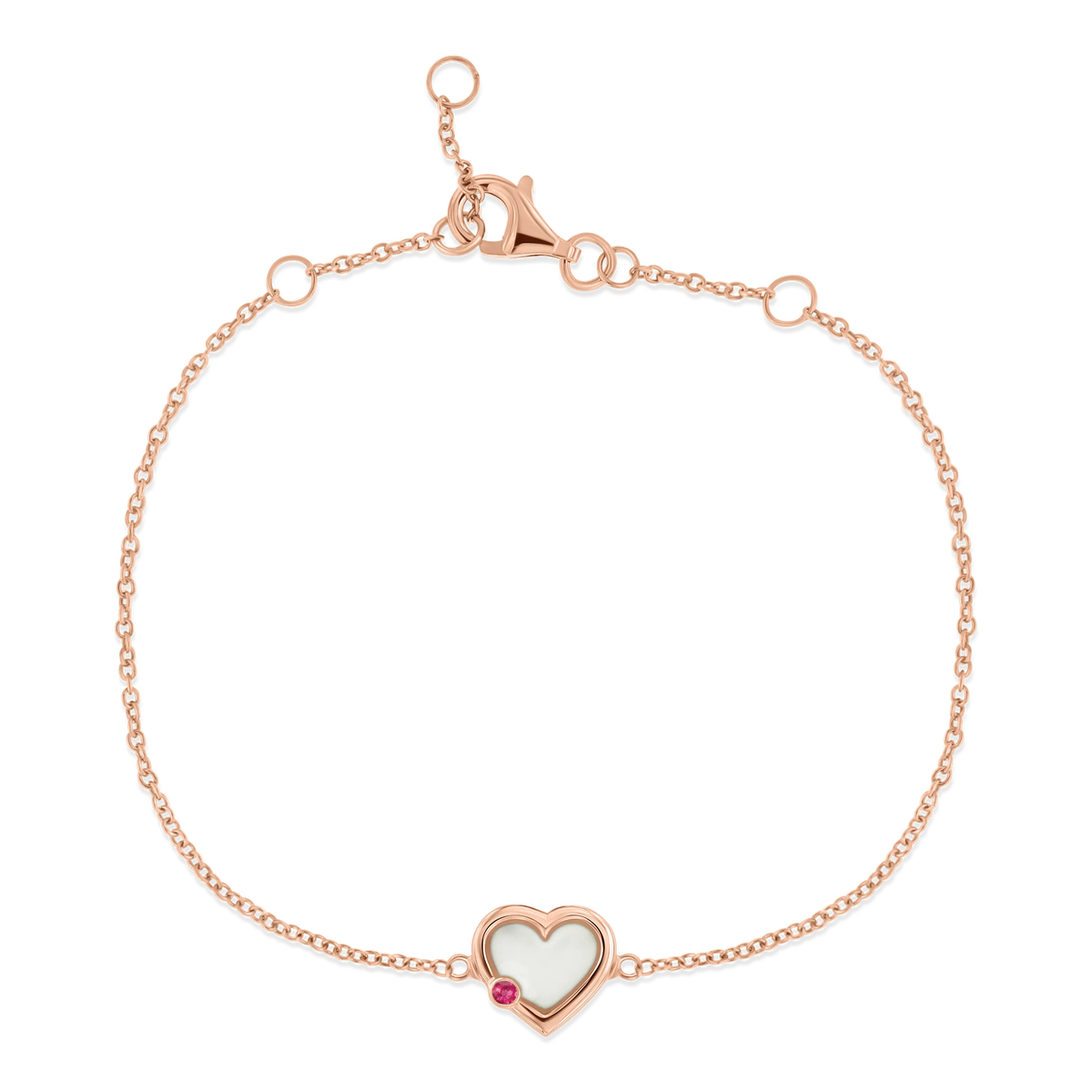 Roségoldenes Armband mit herzförmigem Anhänger aus Muttermilch-Kunstharz und einem kleinen roten Stein.