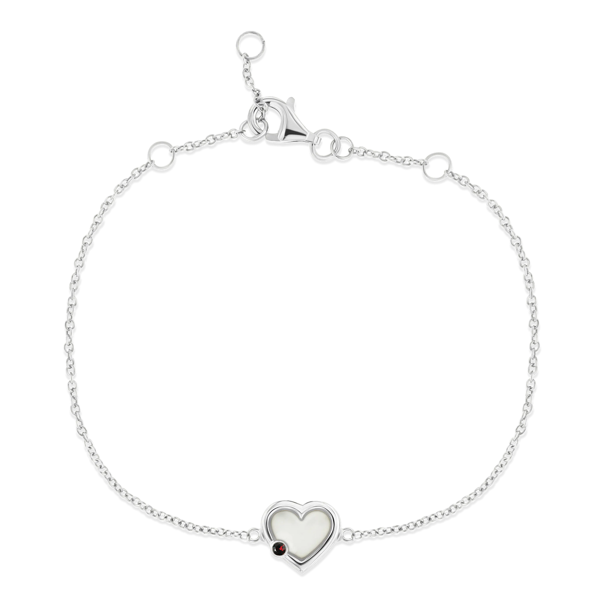 Silbernes Armband mit herzförmigem Anhänger aus Muttermilch-Kunstharz und rotem Stein.