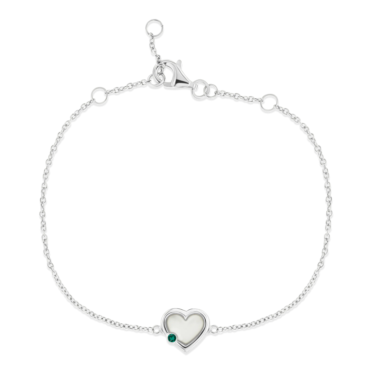 Silbernes Armband mit herzförmigem Anhänger aus Muttermilch-Kunstharz und grünem Stein.