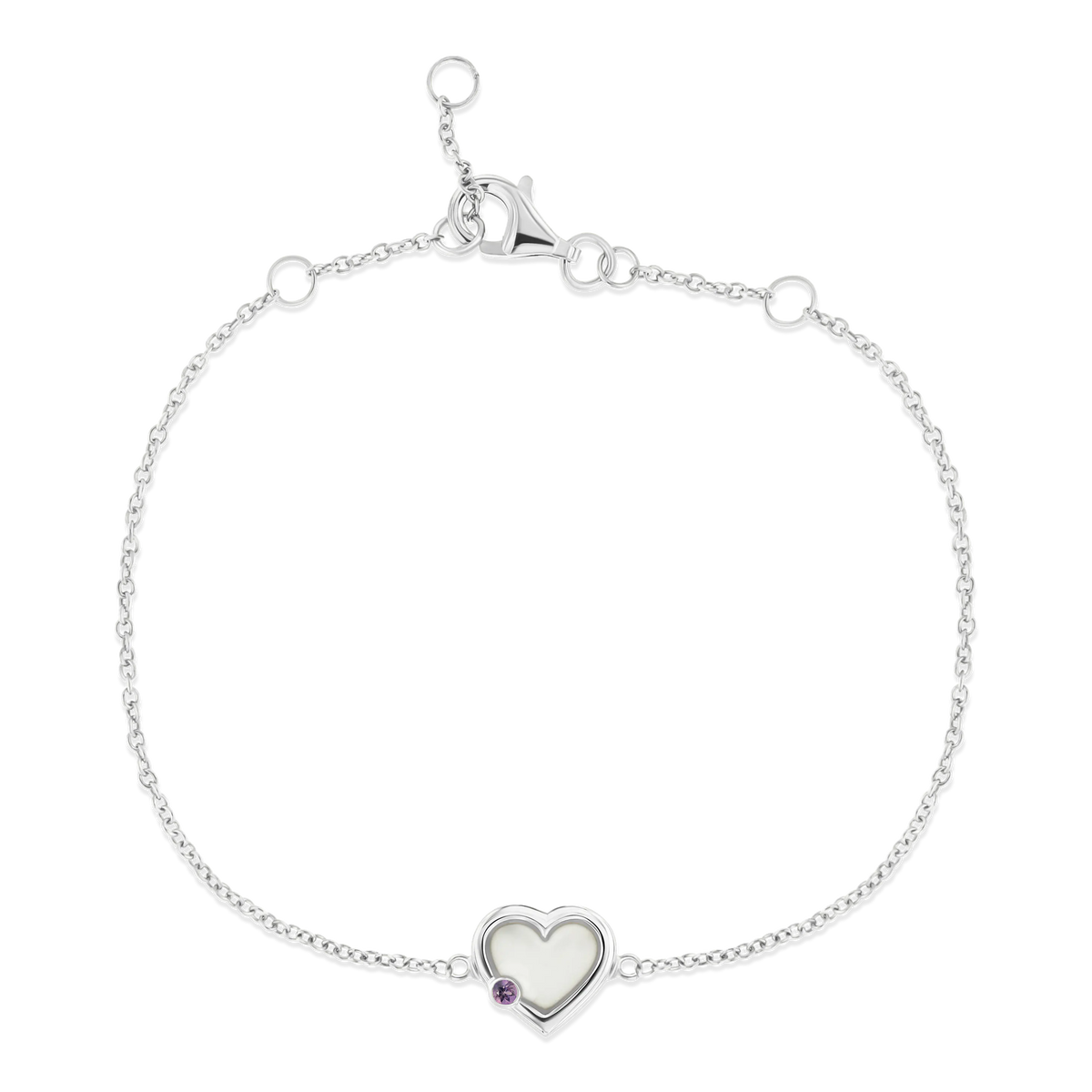 Silbernes Armband mit herzförmigem Anhänger aus Muttermilch-Kunstharz und lila Stein.