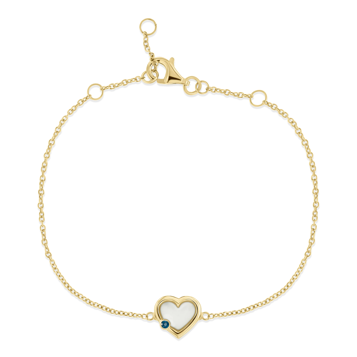 Goldenes Armband mit herzförmigem Anhänger aus Muttermilch-Kunstharz und blauer Steinverzierung.