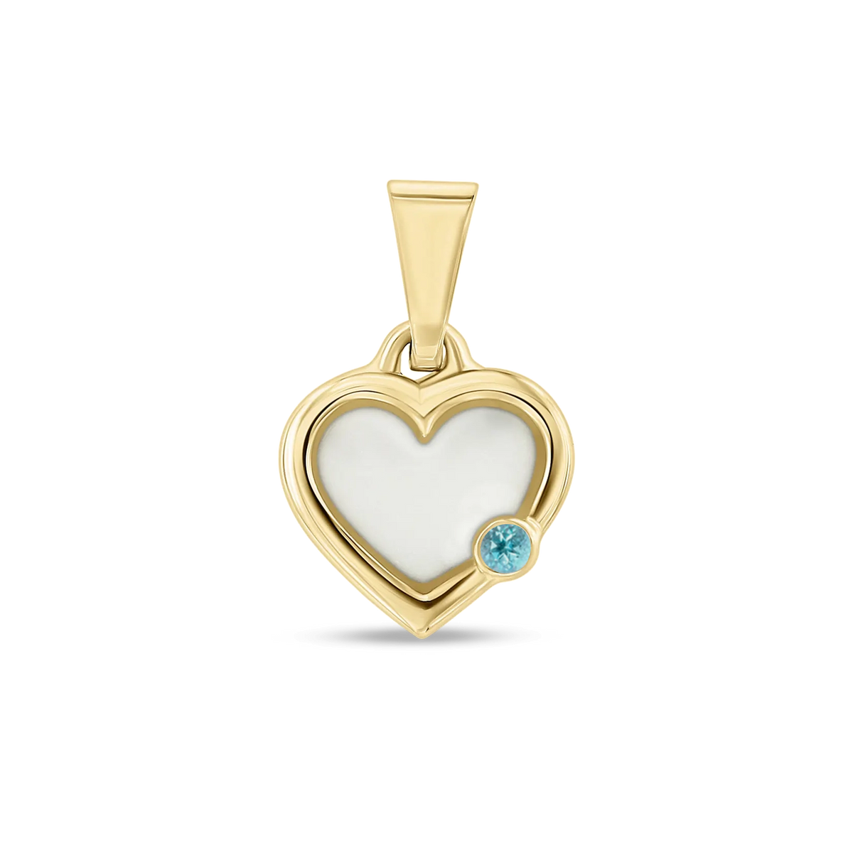 Herzförmiger Anhänger aus goldfarbenem Metall mit einer Fläche aus Muttermilch-Kunstharz und einem blauen Stein.