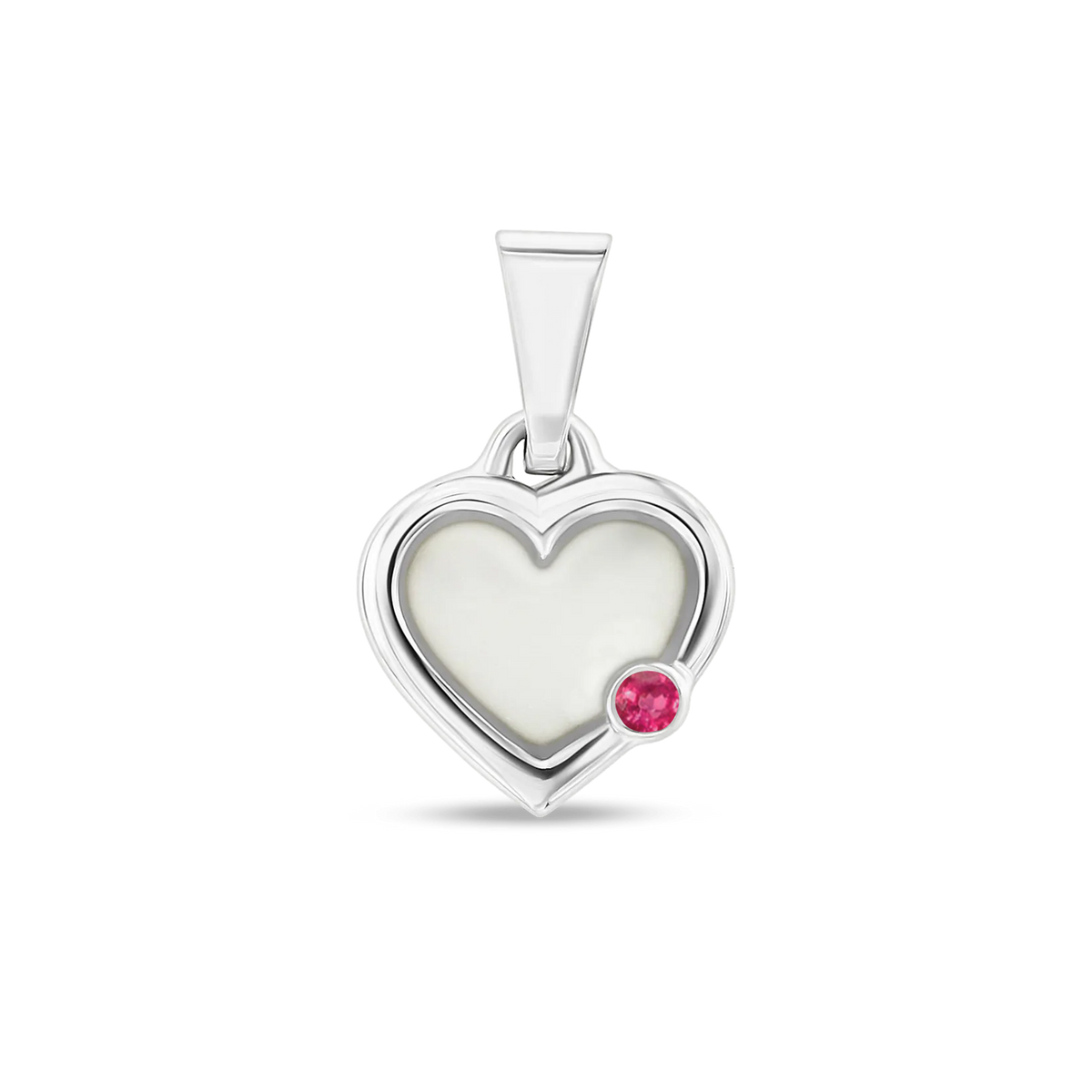 Herzförmiger Anhänger aus Silber mit einer Fläche aus Muttermilch-Kunstharz und einem pinken Stein.