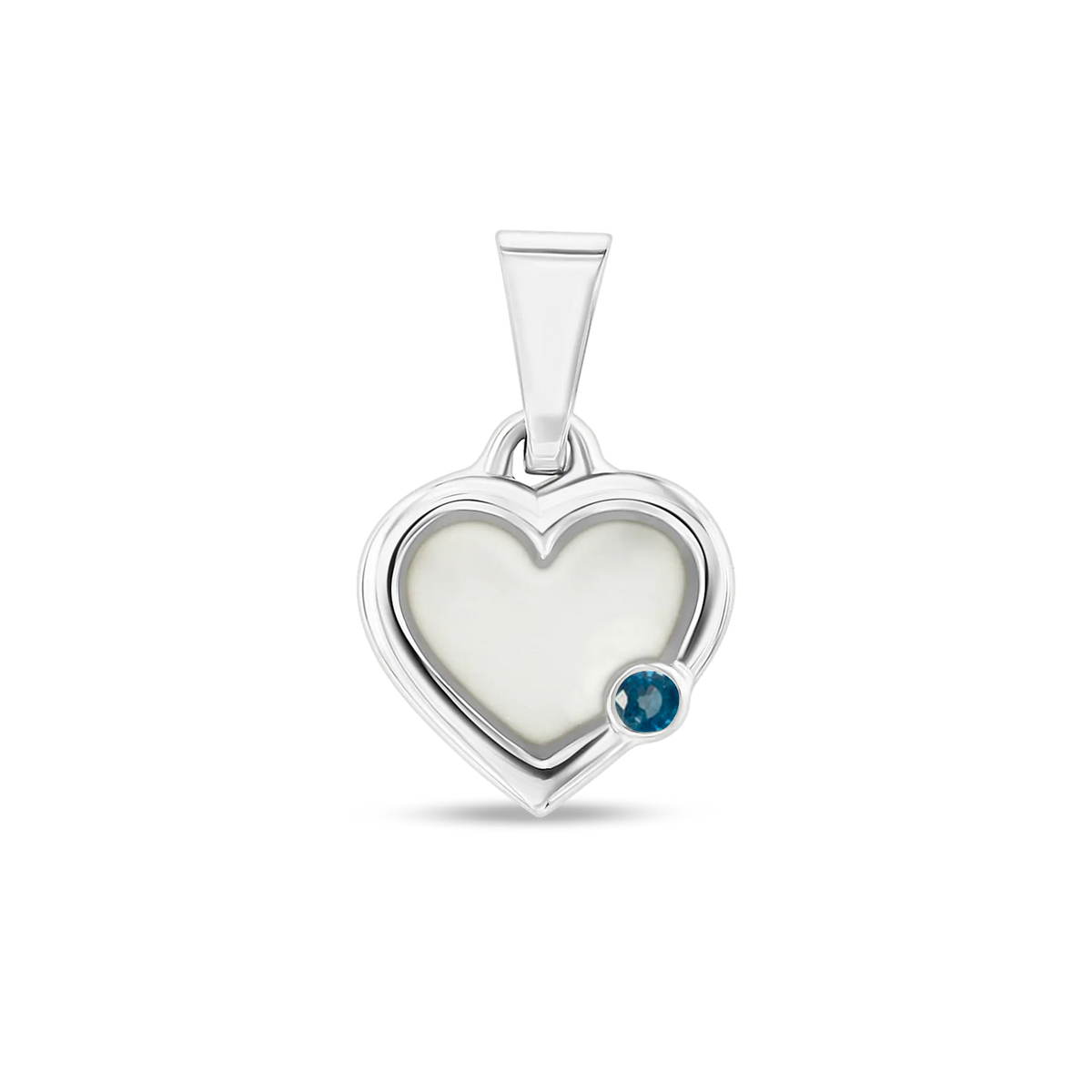Herzförmiger Anhänger aus Silber mit einer Fläche aus Muttermilch-Kunstharz und einem blauen Stein.
