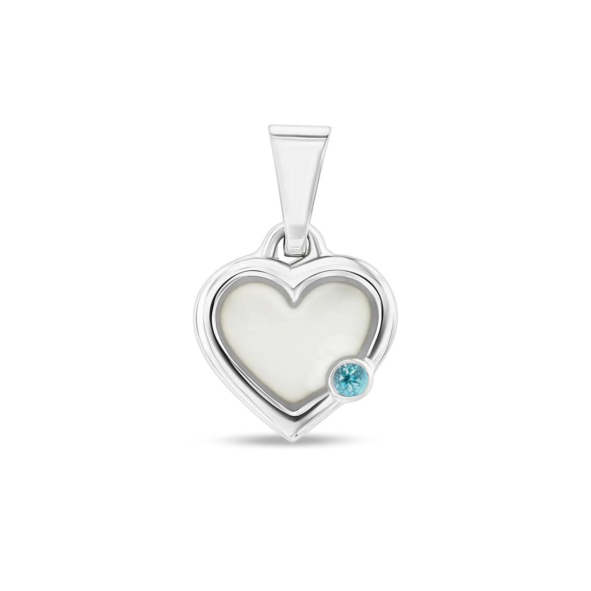 Herzförmiger Anhänger aus Silber mit einer Fläche aus Muttermilch-Kunstharz und einem blauen Stein.