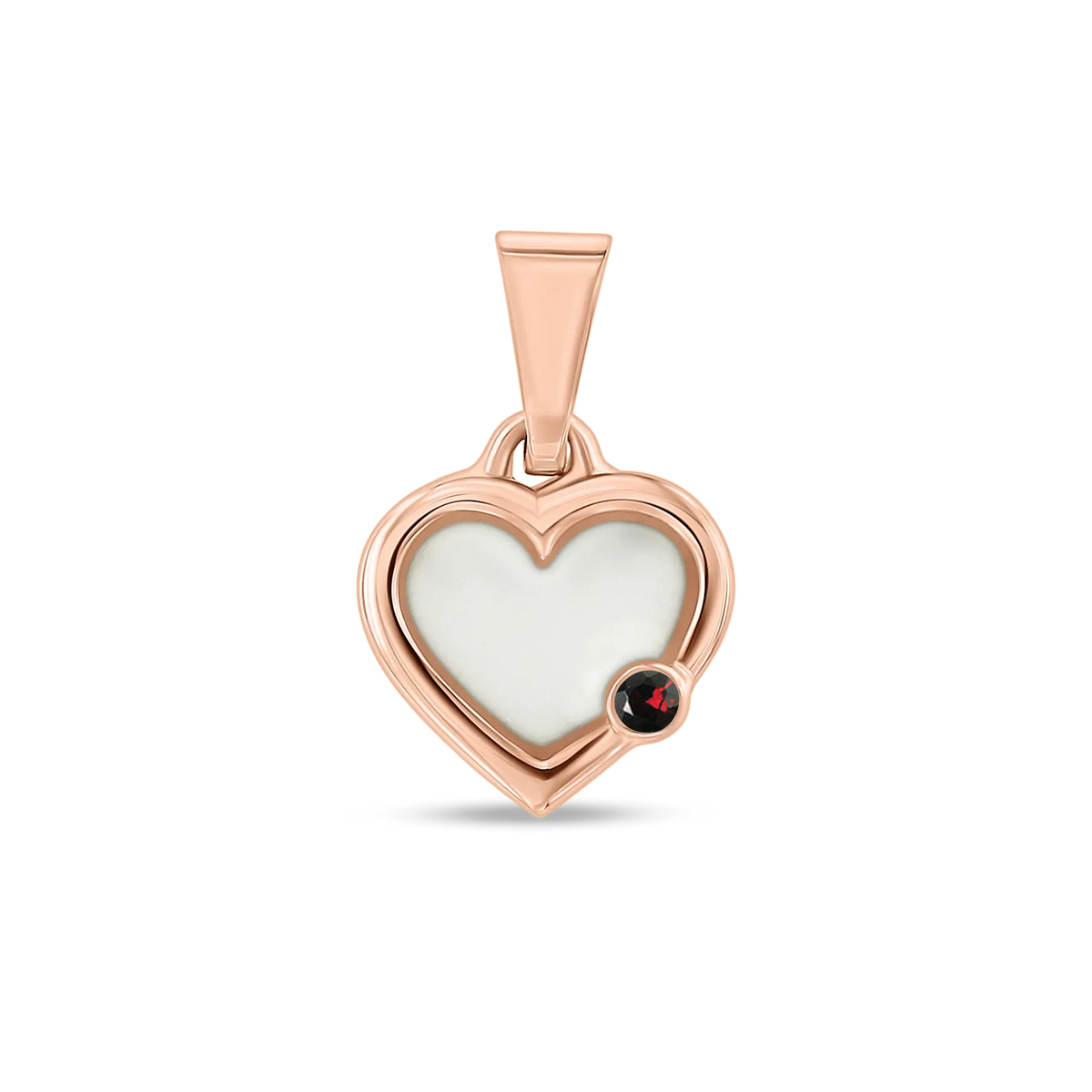Herzförmiger Anhänger aus Roségold mit einer Fläche aus Muttermilch-Kunstharz und einem kleinen Stein.