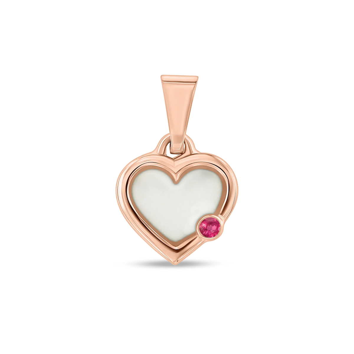 Herzförmiger Anhänger aus Roségold mit einer Fläche aus Muttermilch-Kunstharz und einem pinken Stein.