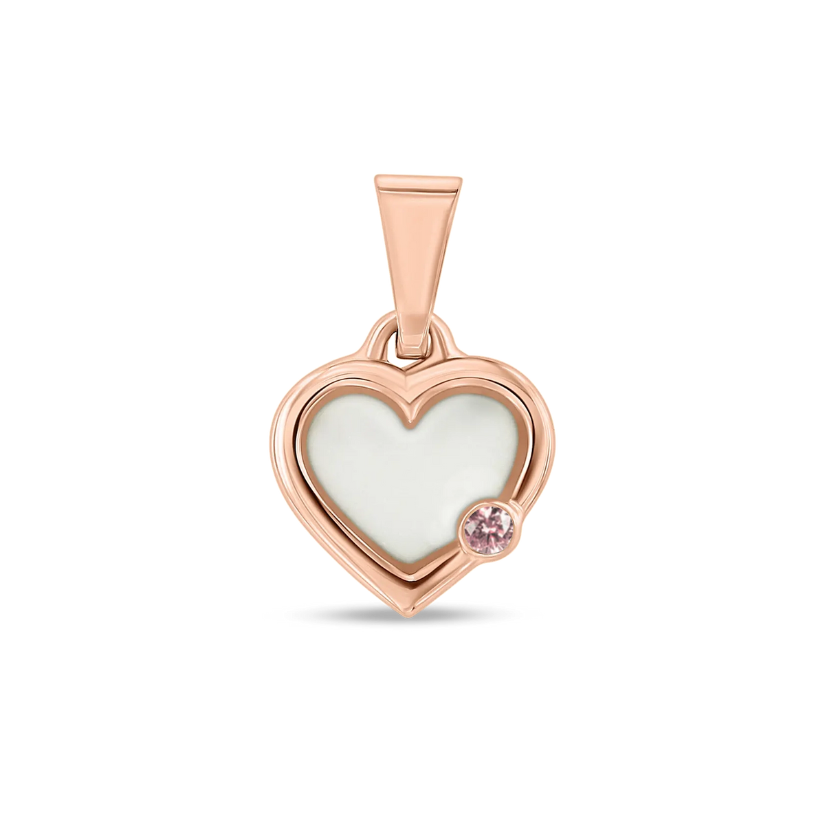 Herzförmiger Anhänger aus Roségold mit einer Fläche aus Muttermilch-Kunstharz und einem kleinen rosa Stein.