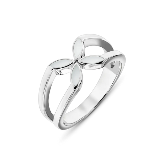 Fleur Muttermilchring in Silber, Blüte aus vier spitzen weißen Muttermilchblättern auf beidseitig geteiltem Band