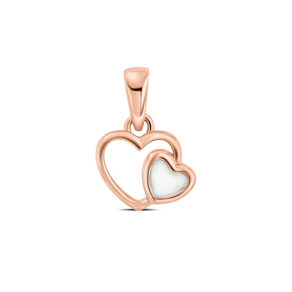 Heart to Heart Muttermilch-Anhänger in Roségold: großes offenes Herz mit kleinem, mit Muttermilch gefülltem Herz.