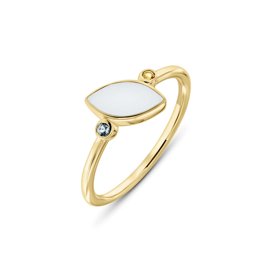 Goldener Ring Lina Duo mit quer liegendem, spitzovalem Muttermilchstein und zwei Geburtssteinen in Hellblau und Gelb
