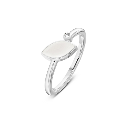 Silberner Ring Lina mit quer liegendem, spitzovalem Muttermilchstein und kleinem rundem klarem Zirkonia auf dem Ringband