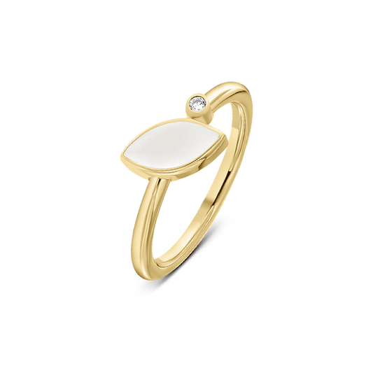 Goldener Ring Lina mit quer liegendem, spitzovalem Muttermilchstein und kleinem rundem klarem Zirkonia auf dem Ringband
