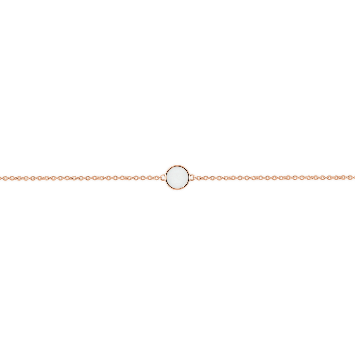 Roségoldenes Armband mit einer runden, glatten Fläche aus Muttermilch-Kunstharz in der Mitte.