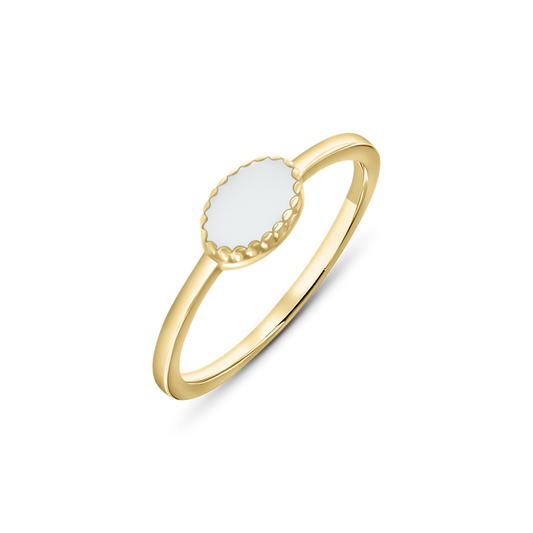 Goldener Ring Luna mit quer liegendem, ovalem Muttermilchstein in einem Rand aus kleinen Kügelchen