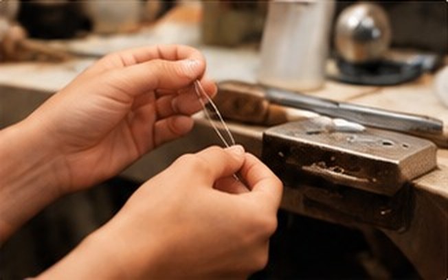 Hände vollenden eine Kette in der Manufaktur