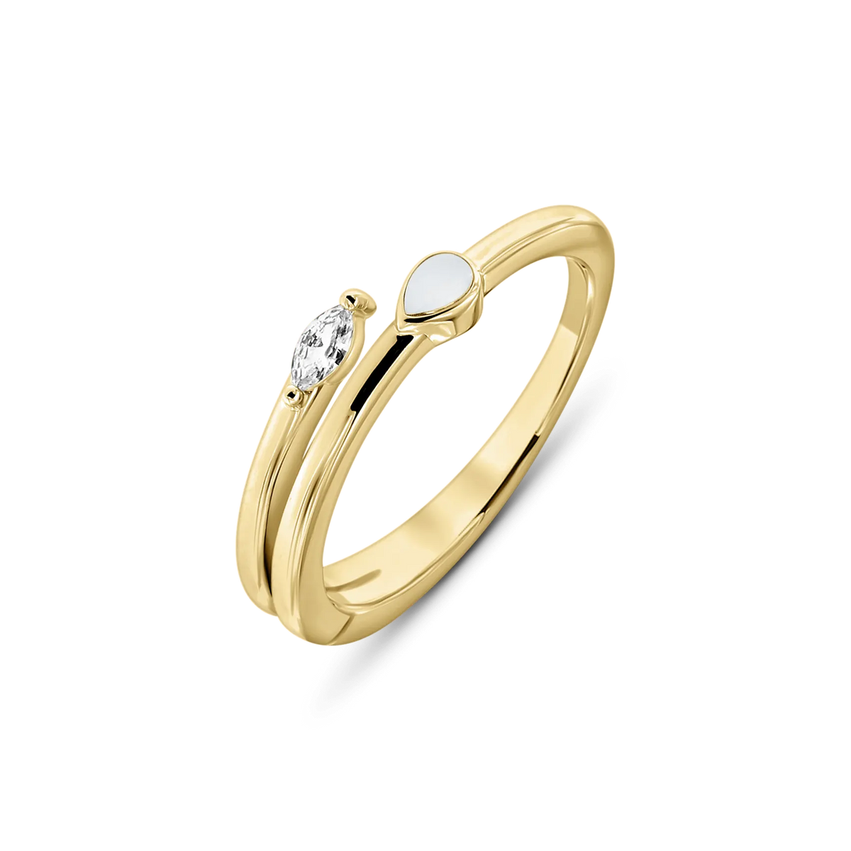 Zweifacher Ring aus glänzendem Gold mit einem klaren Stein und einer Muttermilch-Kunstharz-Oberfläche in Tropfenform.