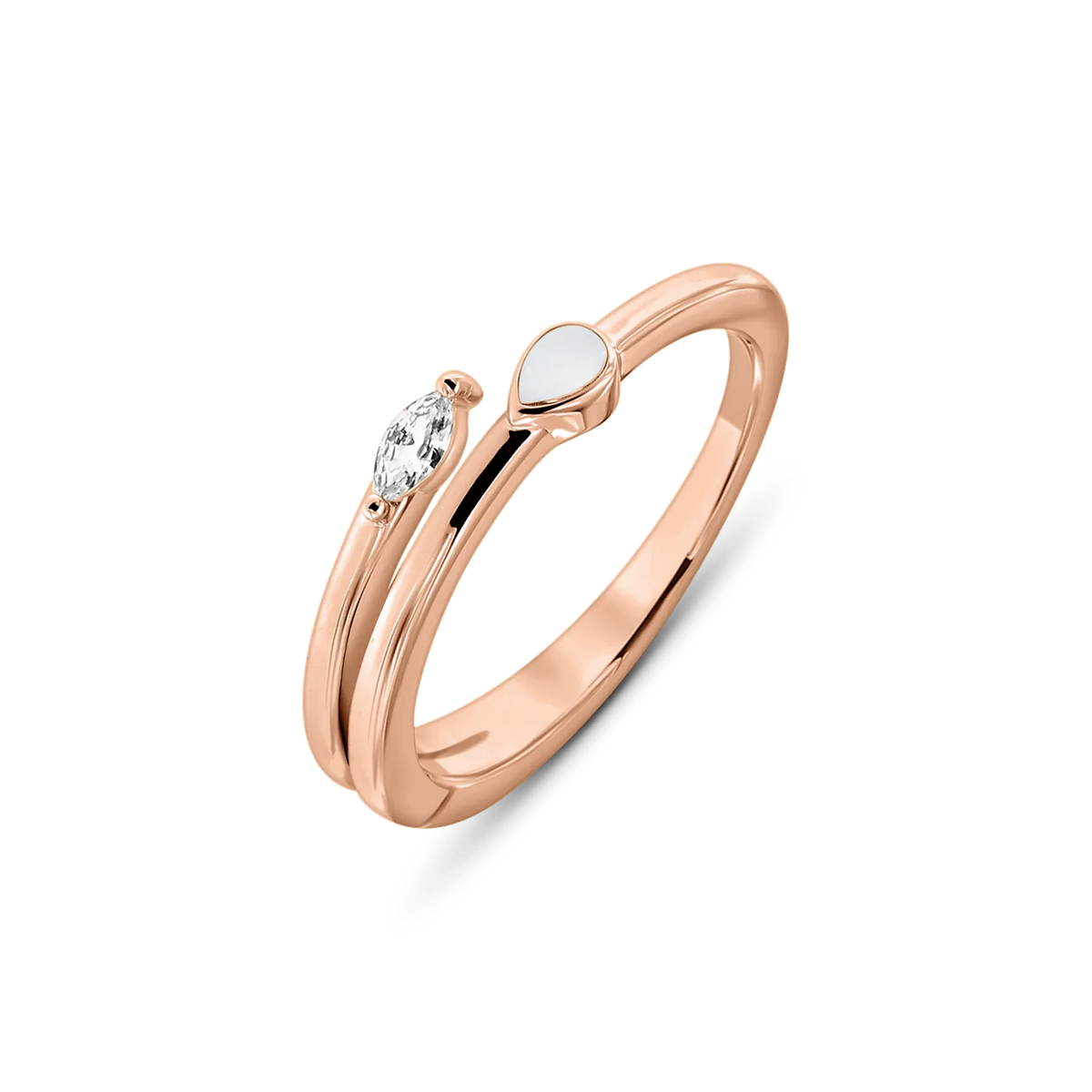 Roségoldener Ring mit zwei schmalen Bändern, einer klaren Stein- und einer Muttermilch-Kunstharz-Fläche.