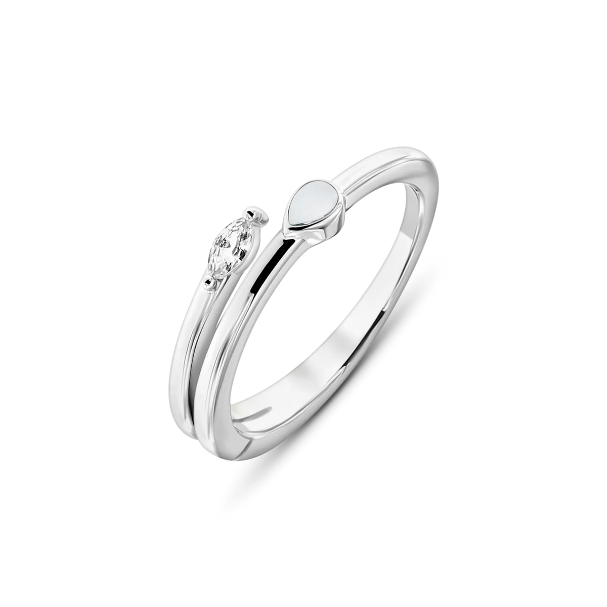 Silberne Ausführung des offenen Rings Naomi mit tropfenförmigem Muttermilchstein und klarem Marquise-Stein
