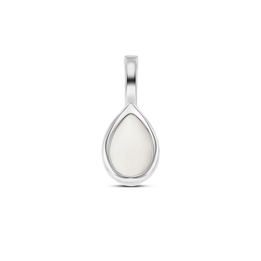 Tropfenförmiger Anhänger aus glänzendem Silber mit einer weißen Fläche aus Muttermilch-Kunstharz.