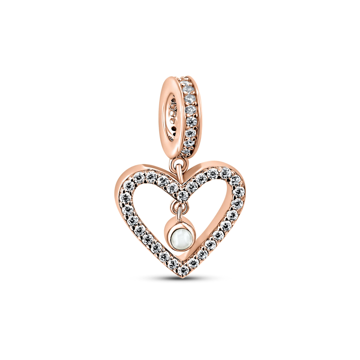 Roségoldener Charm in Herzform mit funkelnden Steinen und einer kleinen, runden Fläche aus Muttermilch.