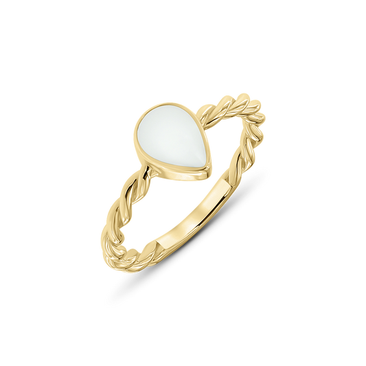 Goldener Ring Turning Droplet mit tropfenförmigem Muttermilchstein auf kordelartig gedrehtem Band